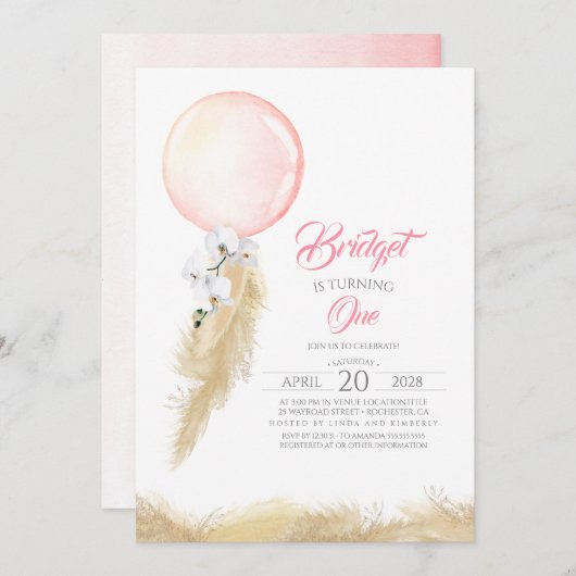 パンパスグラスホワイトオーキッズバルーンエキゾチック誕生日 招待状 (正面/裏面)