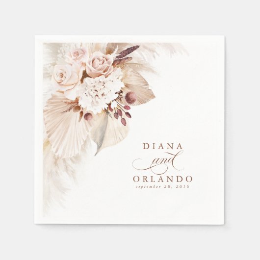 パンパスグラスホワイトフローラボホ結婚ズ スタンダードカクテルナプキン (正面)