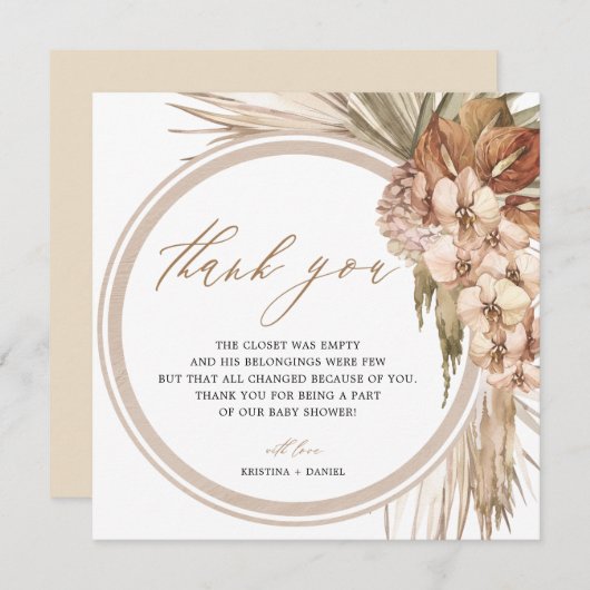 パンパスグラスボヘミアンベビーシャワーありがとう サンキューカード (正面/裏面)