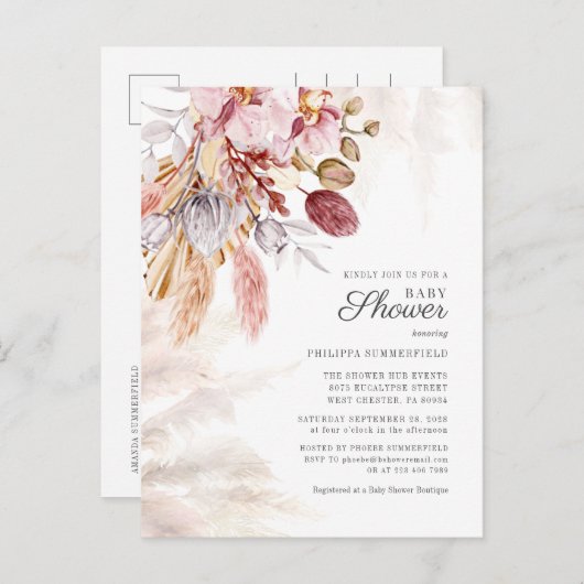 パンパスグラスボホドライフラワーガールガールベイビーシャワー インビテーションポストカード (正面/裏面)