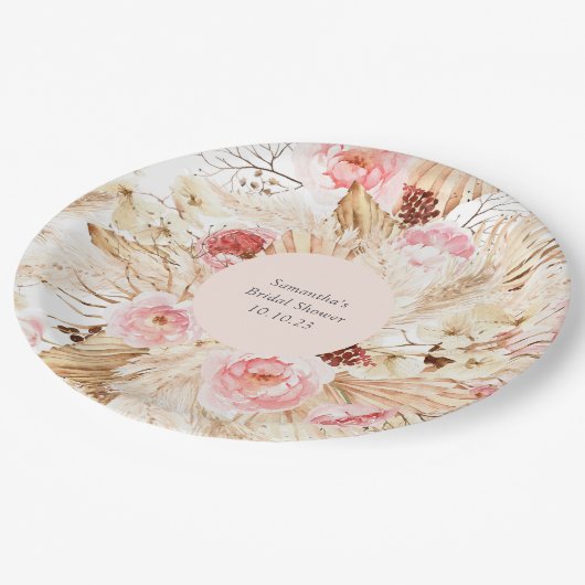 パンパスグラスボホフローラパターン（の模様が）あるブライダルシャワー ペーパープレート (アングル)
