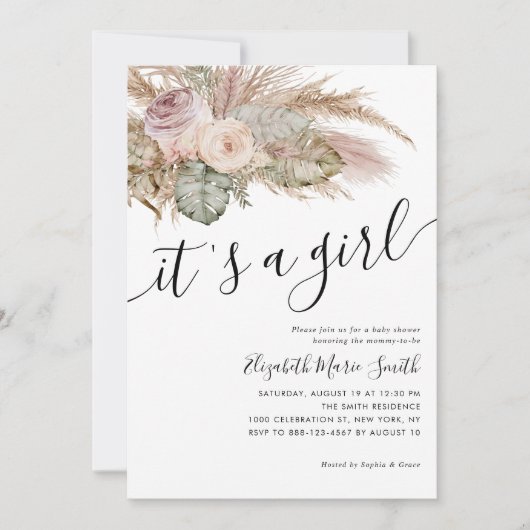 パンパスグラスボホボヘミアン女の子ベビーシャワー 招待状 (正面)