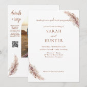 パンパスグラスボホ写真QRコード結婚ズ 招待状 (正面/裏面)