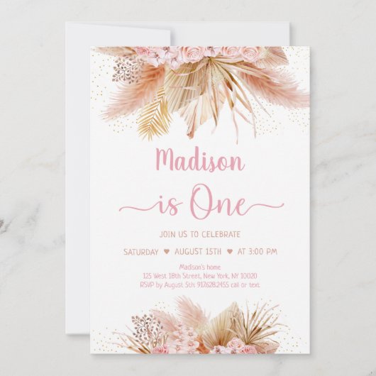 パンパスグラスボーホピンクフローラファースト誕生日 招待状 (正面)
