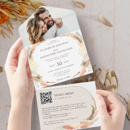 パンパスグラスボーホ写真QRコード結婚ズ オールインワン招待状