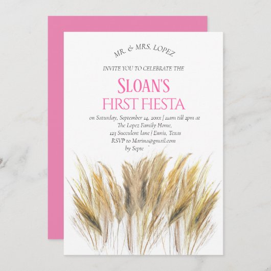 パンパスグラスモダンファーストフィエスタピンク誕生日 招待状 (正面/裏面)