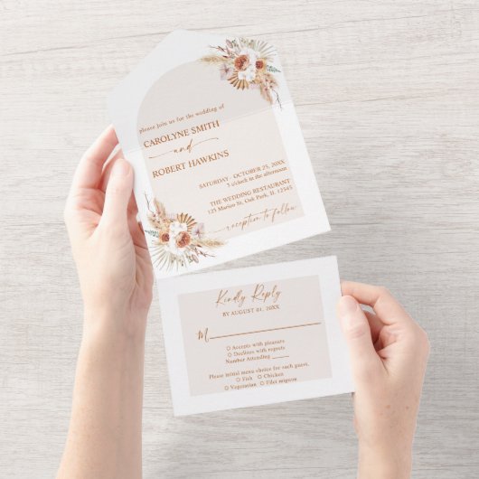 パンパスグラスモダンボヘミアンテラコッタ オールインワン招待状 (貼ってはがせる)