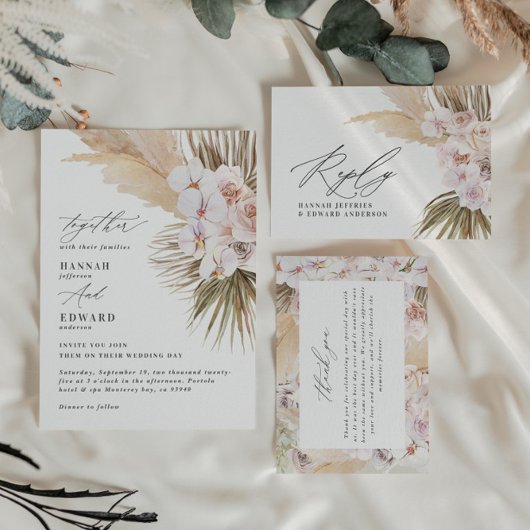 パンパスグラスモダン植物性ボヘミアン結婚ズタ サンキューカード