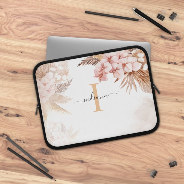 パンパスグラスモノグラムイニシャル名スクリプト ラップトップスリーブ (Monogram Pampas Grass Script Initial Watercolor Laptop Sleeve)
