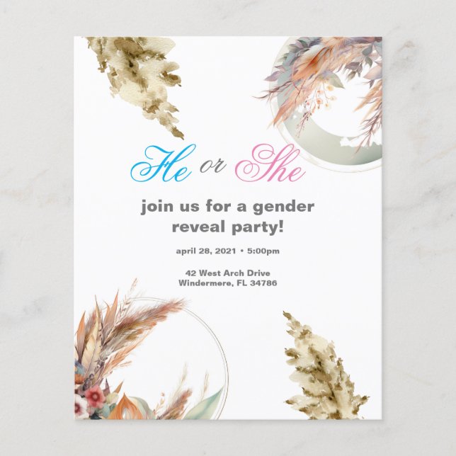 パンパスグラスラウンドフレームリビールパーティの招待状 (正面)