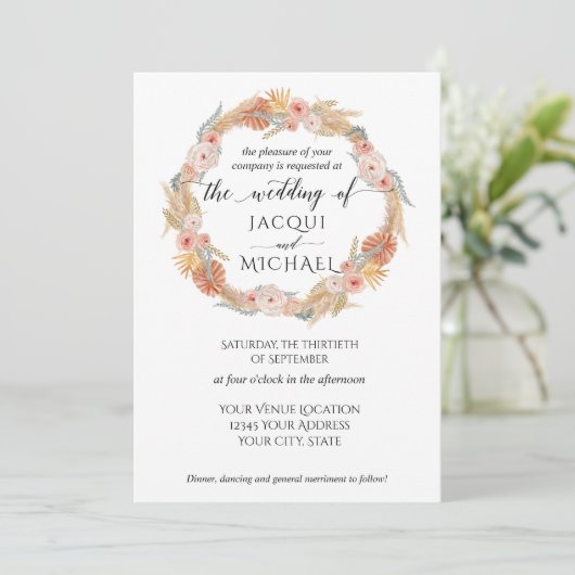 パンパスグラスリースボホトロピカルピンク金ゴールドフローラ 招待状 (スタンド正面)