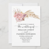 パンパスグラス乾燥フローラバラとパープル結婚ズ 招待状 (正面)