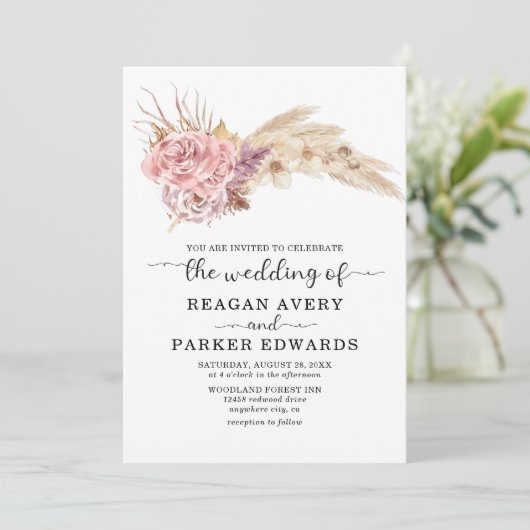 パンパスグラス乾燥フローラバラとパープル結婚ズ 招待状 (スタンド正面)