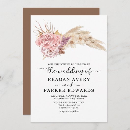 パンパスグラス乾燥フローラバラとパープル結婚ズ 招待状 (正面/裏面)