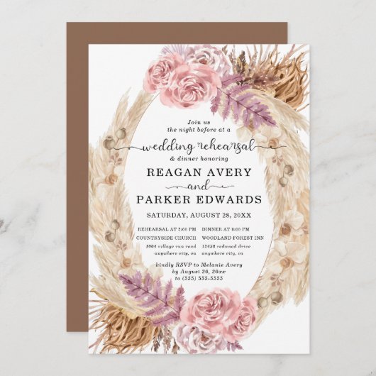 パンパスグラス乾燥フローラ結婚のリハーサルディナー 招待状 (正面/裏面)