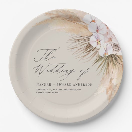 パンパスグラス乾燥植物文字ボホ結婚のp ペーパープレート (正面)