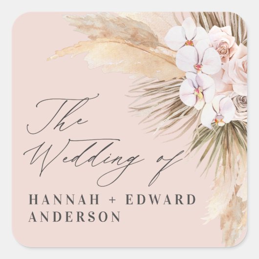 パンパスグラス乾燥植物文字ボホ結婚のs スクエアシール (正面)