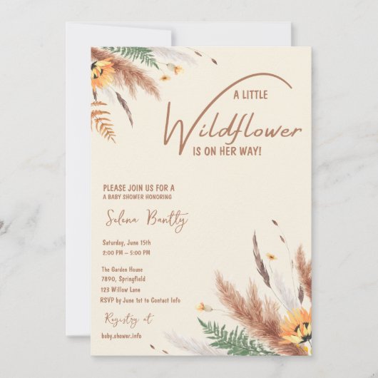 パンパスグラス小さなワイルドフラワーベビーガールシャワー 招待状 (正面)