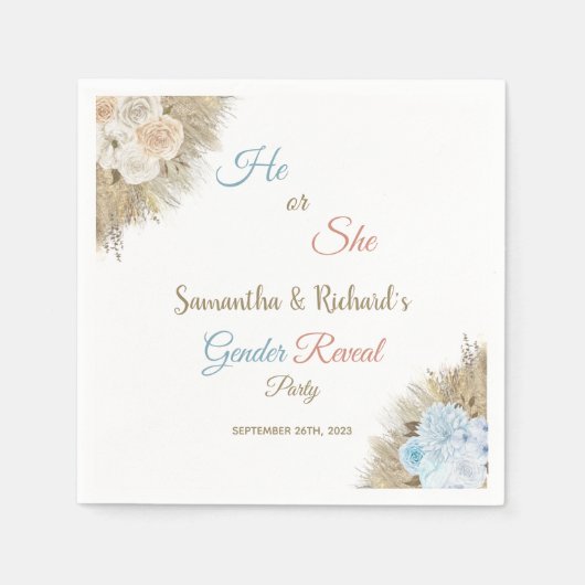 パンパスグラス彼または彼女が赤ちゃんシャワーを明かす スタンダードカクテルナプキン (正面)