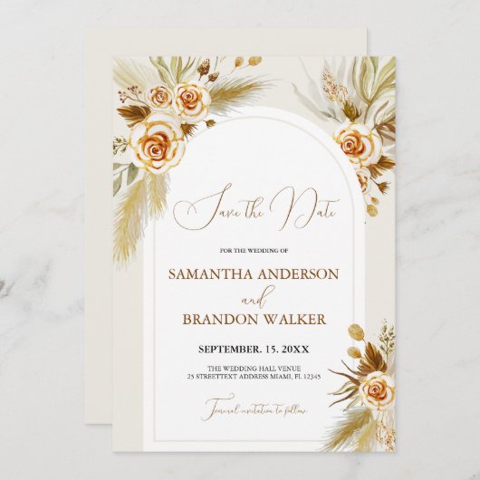 パンパスグラス水の色boho日付を保存 招待状 (正面/裏面)