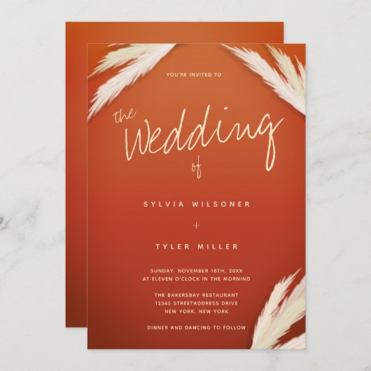 パンパスグラス焼きオレンジ結婚ズ 招待状 (正面/裏面)