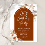 パンパスグラス素朴アーチテラコッタ80th誕生日 招待状<br><div class="desc">テラコッタで80th誕生日パーティーの招待は、オレンジと白を燃やした。手モダンの植物性のアクセントと美し色彩の鮮やかいミニマリストのデザイン。機能パンパスグラス葉、バラ、タイポグラフィスクリプトフォント。トレンディーボヘミア風の砂漠のテーマは、秋、冬、春、夏に最適。印刷された招待状および/または即時ダウンロードのデジタルテンプレートを選択できる。80日のスタイリッシュお祝いに最適。</div>