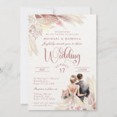 パンパスグラス結婚の赤面モダンピンク，テラコッタ 招待状 (正面)