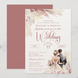 パンパスグラス結婚の赤面モダンピンク，テラコッタ 招待状
