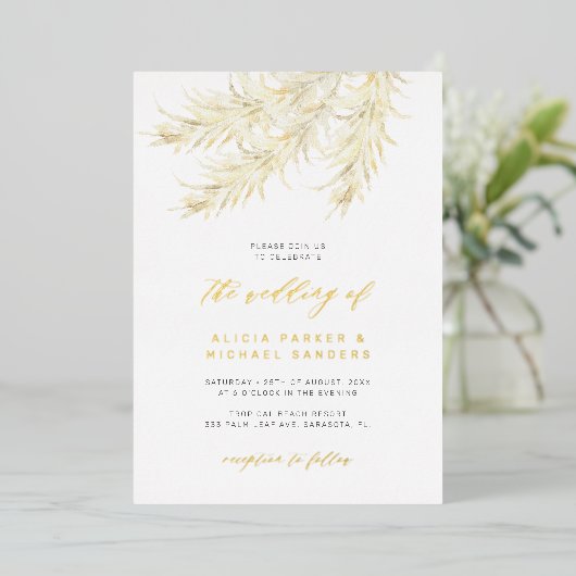 パンパスグラス結婚熱帯性金ゴールド実在 箔招待状 (立ち正面)