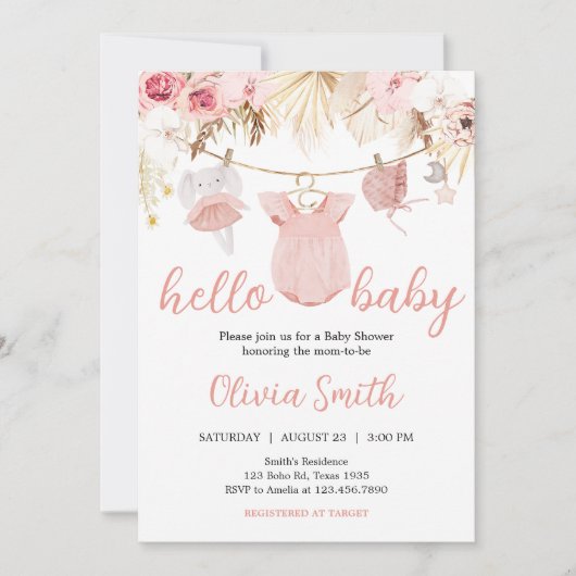 パンパスグラス赤ちゃん衣赤ちゃんシャワー 招待状 (正面)