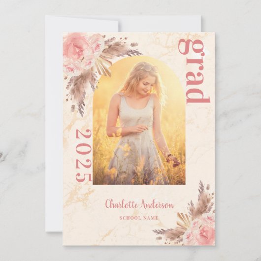 パンパスグラス赤面バラ金ゴールド大理石卒業 案内状 (正面)