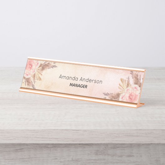 パンパスグラス赤面ピンクフローラバラ金ゴールド デスクネームプレート (正面)