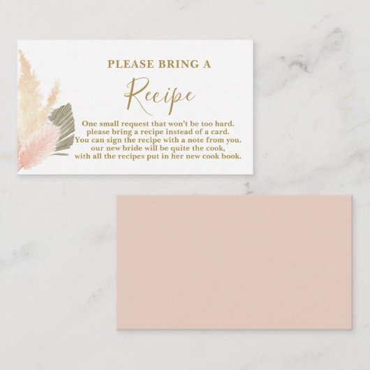 パンパスグラス赤面ブライダルシャワーレシピカード エンクロージャーカード (正面/裏面)
