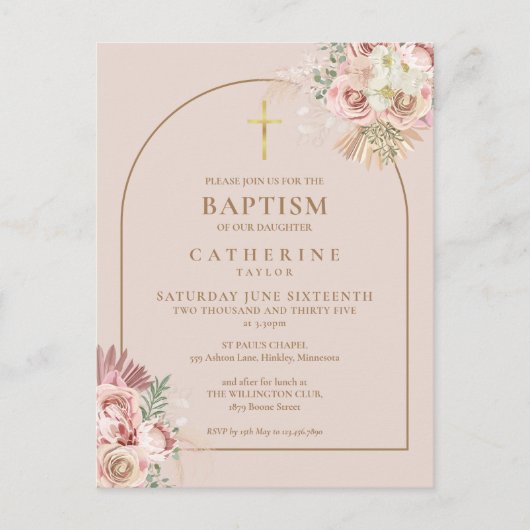 パンパスグラス金ゴールドアーチフォトバプテスマ《キリスト教》洗礼式や命名式 インビテーションポストカード (正面)