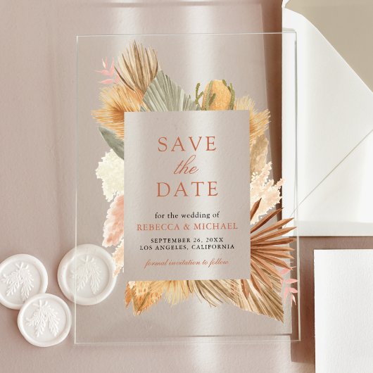 パンパスグラス離れパームの結婚式の日付を保存 アクリル招待状