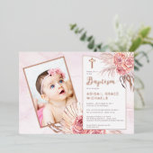 パンパスグラス |バラ開花女の子ベビー写真バプテスマ 箔招待状 (立ち正面)