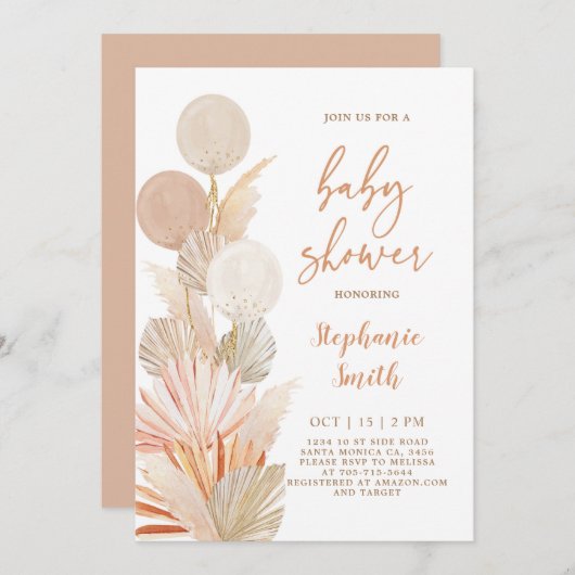 パンパスグラス&バルーンベビーシャワー招待状 招待状 (正面/裏面)