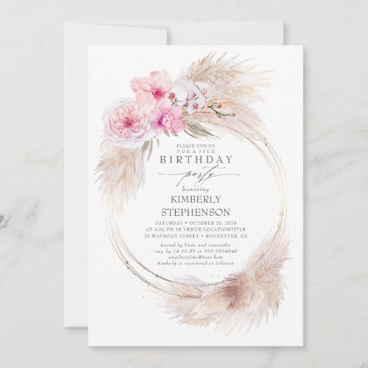 パンパスグラス&ピンクオーキッドエキゾチック誕生日パーティー 招待状 (正面)