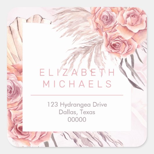 パンパスグラス |ピンクローズ差出人住所 スクエアシール (正面)