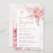 パンパスグラス |ピンクローズ開花女子ベビーバプテスマ 招待状 (正面)