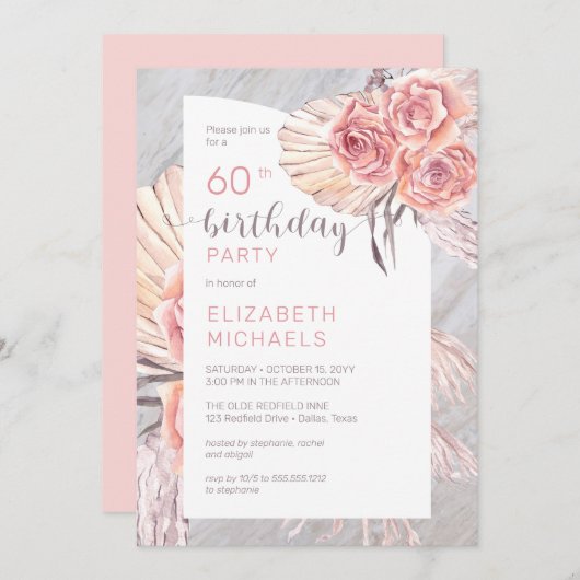 パンパスグラス |ピンクローズ開花60thバースデーパーティー 招待状 (正面/裏面)