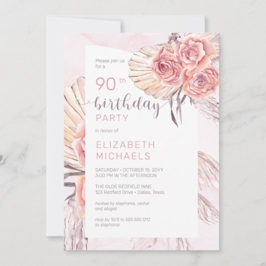 パンパスグラス |ピンクローズ開花90thバースデーパーティー 招待状 (正面)