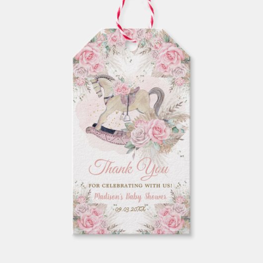 パンパスグラス ピンク フラワーロッキングホース ベビーシャワー ギフトタグ (正面)