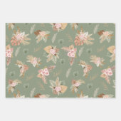 パンパスグラス&フラワーオンオリーブグリーン ラッピングペーパーシート (正面2)