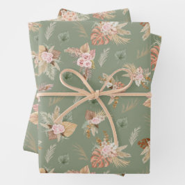 パンパスグラス&フラワーオンオリーブグリーン ラッピングペーパーシート