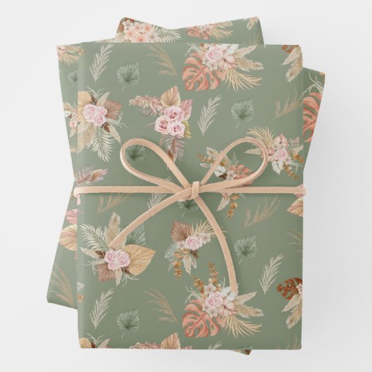 パンパスグラス&フラワーオンオリーブグリーン ラッピングペーパーシート (インサイチュ)