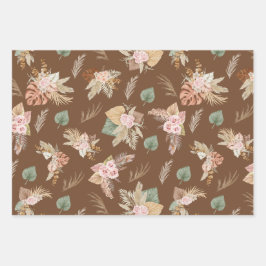 パンパスグラス&フラワーオンコーヒーブラウン ラッピングペーパーシート