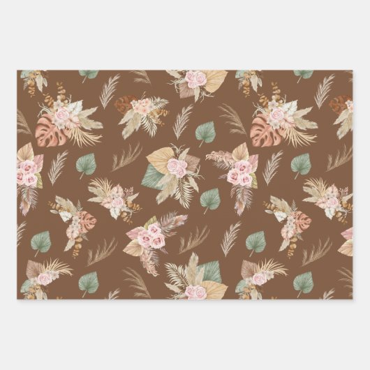 パンパスグラス&フラワーオンコーヒーブラウン ラッピングペーパーシート (正面2)