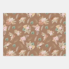 パンパスグラス&フラワーオンブラウン ラッピングペーパーシート