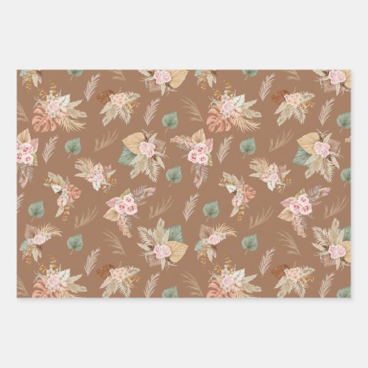 パンパスグラス&フラワーオンブラウン ラッピングペーパーシート (正面2)